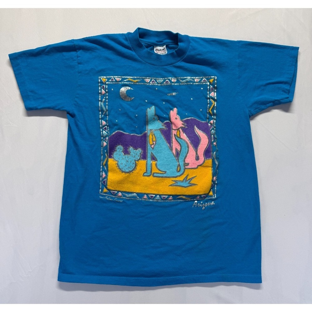 Vintage Stedman Super Hi-Cru T Shirt Mens M Blue Cracked Graphic Wolf Arizona